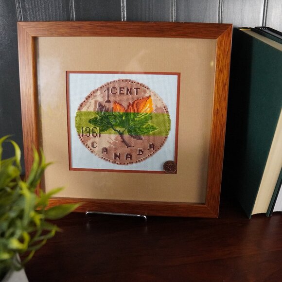 Professionally Framed Canadian Penny Cross Stich Art in Conservation Glass - Picture 1 of 16
